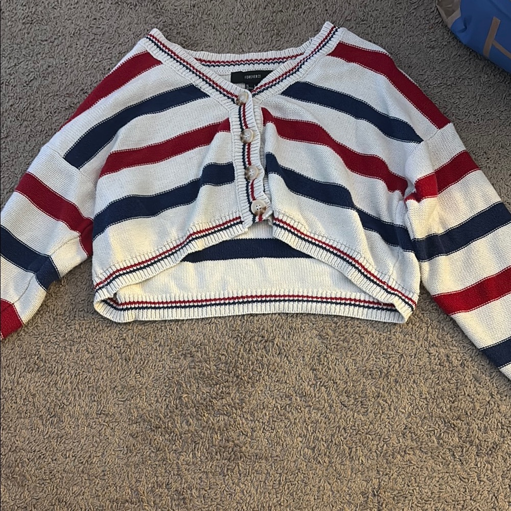 Blue and Red Striped Crop Top with 3/4 Sleeves
